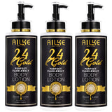 Three bottles of AILKE 24K Gold Perfect Flawlessly Body Lotion on white background.