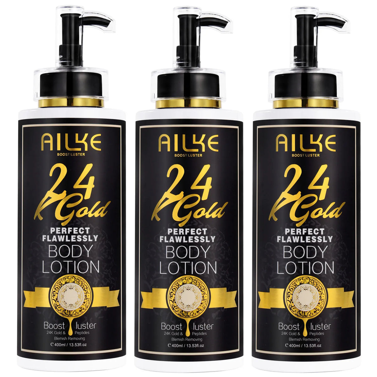 Three bottles of AILKE 24K Gold Perfect Flawlessly Body Lotion on white background.