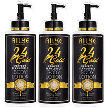 Three bottles of AILKE 24K Gold Perfect Flawlessly Body Lotion on white background.