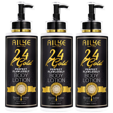 Three bottles of AILKE 24K Gold Perfect Flawlessly Body Lotion on white background.
