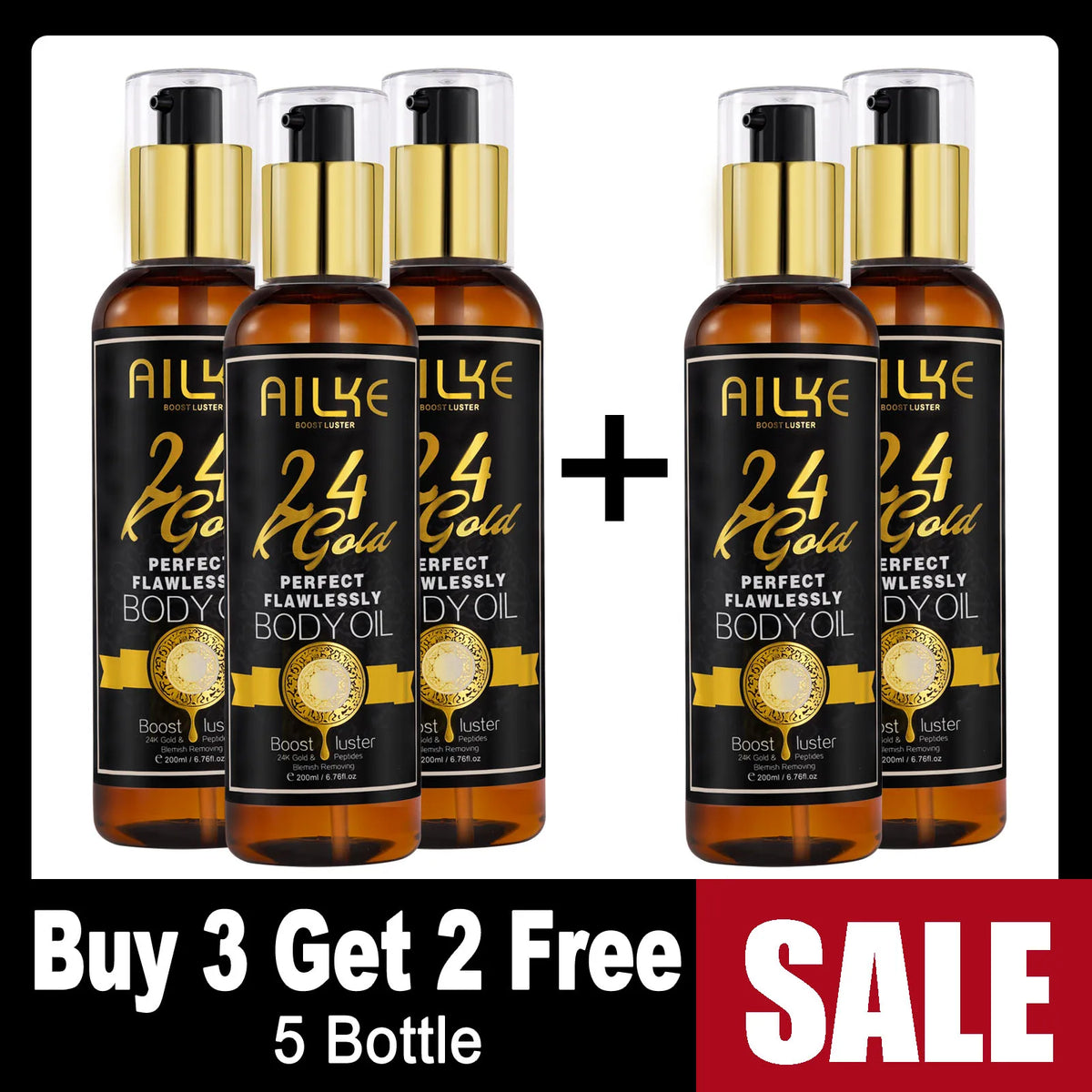 Five bottles of AILKE 24K Gold Body Oil with buy 3 get 2 free promotional offer on white background.