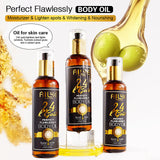 AILKE 24K Gold Perfect Flawlessly Body Oil bottle with oil droplets and gold elements on white background.