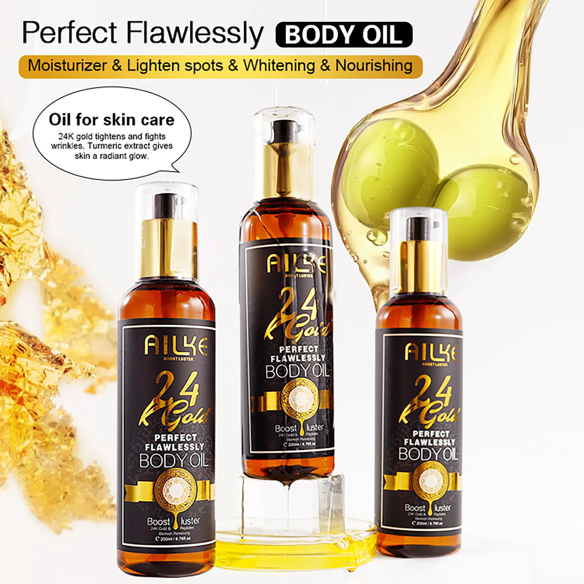 AILKE 24K Gold Perfect Flawlessly Body Oil bottle with oil droplets and gold elements on white background.