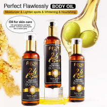 AILKE 24K Gold Perfect Flawlessly Body Oil bottle with oil droplets and gold elements on white background.