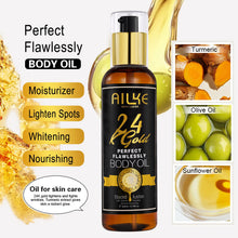 AILKE 24K Gold Collagen Body Oil bottle showing key ingredients and brightening benefits on white background.
