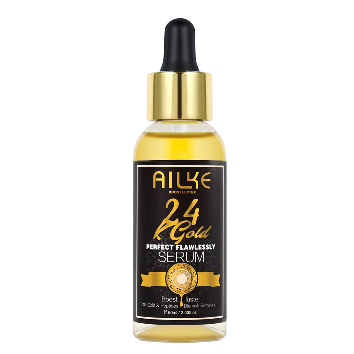 AILKE 24K Gold Collagen Whitening Serum bottle for brightening and firming skin on white background.