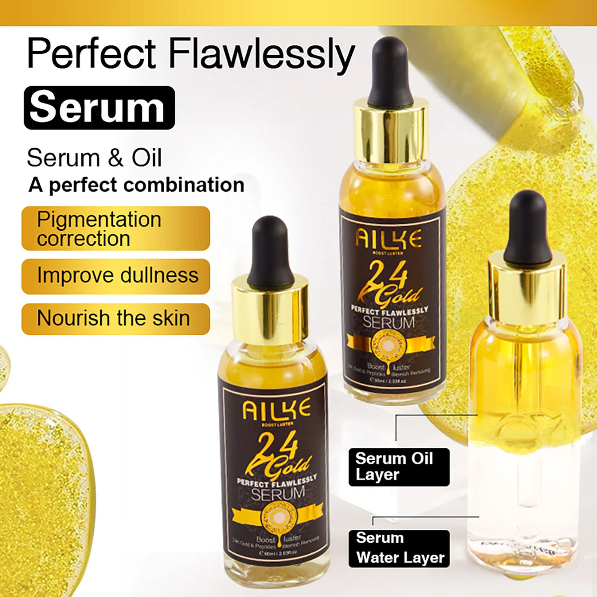 AILKE 24K Gold Collagen Whitening Serum and oil with brightening and firming benefits display.