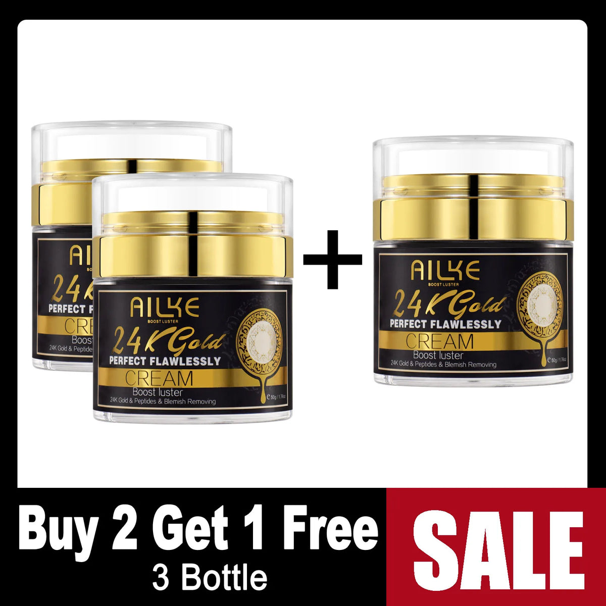Three jars of AILKE 24K Gold Collagen Cream with buy 2 get 1 free promotional offer on white background.