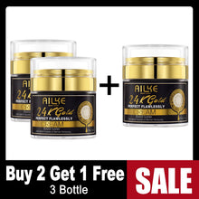 Three jars of AILKE 24K Gold Collagen Cream with buy 2 get 1 free promotional offer on white background.