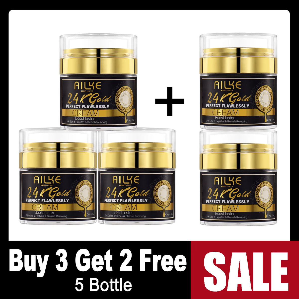 AILKE 24K Gold Collagen Whitening Cream jars promotional set with text on white background.
