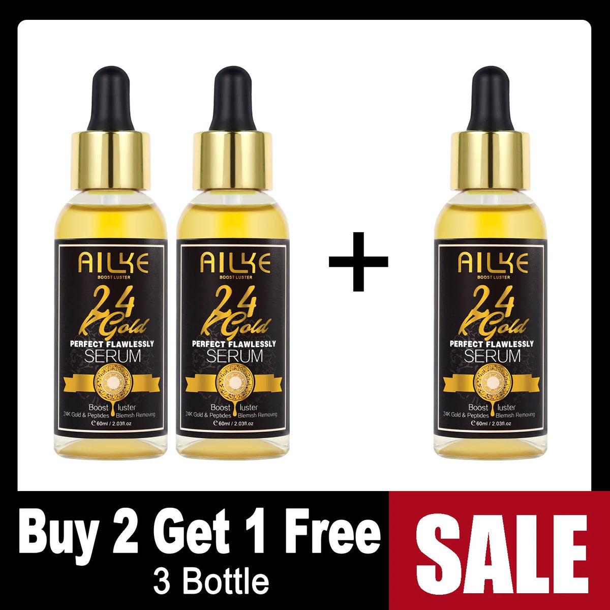 Three bottles of AILKE 24K Gold Serum with a buy two get one free promotional offer on white background.