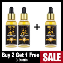 Three bottles of AILKE 24K Gold Serum with a buy two get one free promotional offer on white background.