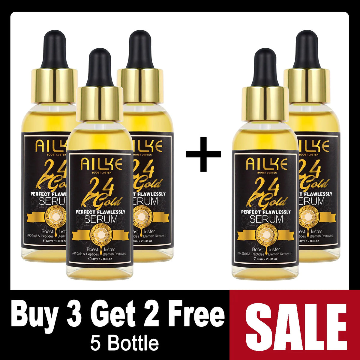 Five bottles of AILKE 24K Gold Serum with buy 3 get 2 free promotional offer on white background.