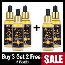 Five bottles of AILKE 24K Gold Serum with buy 3 get 2 free promotional offer on white background.