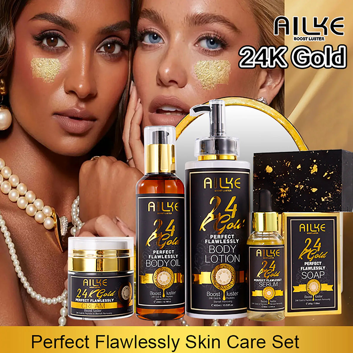 AILKE 24K Gold Collagen Whitening Skincare Set full product range with models in gold face masks.