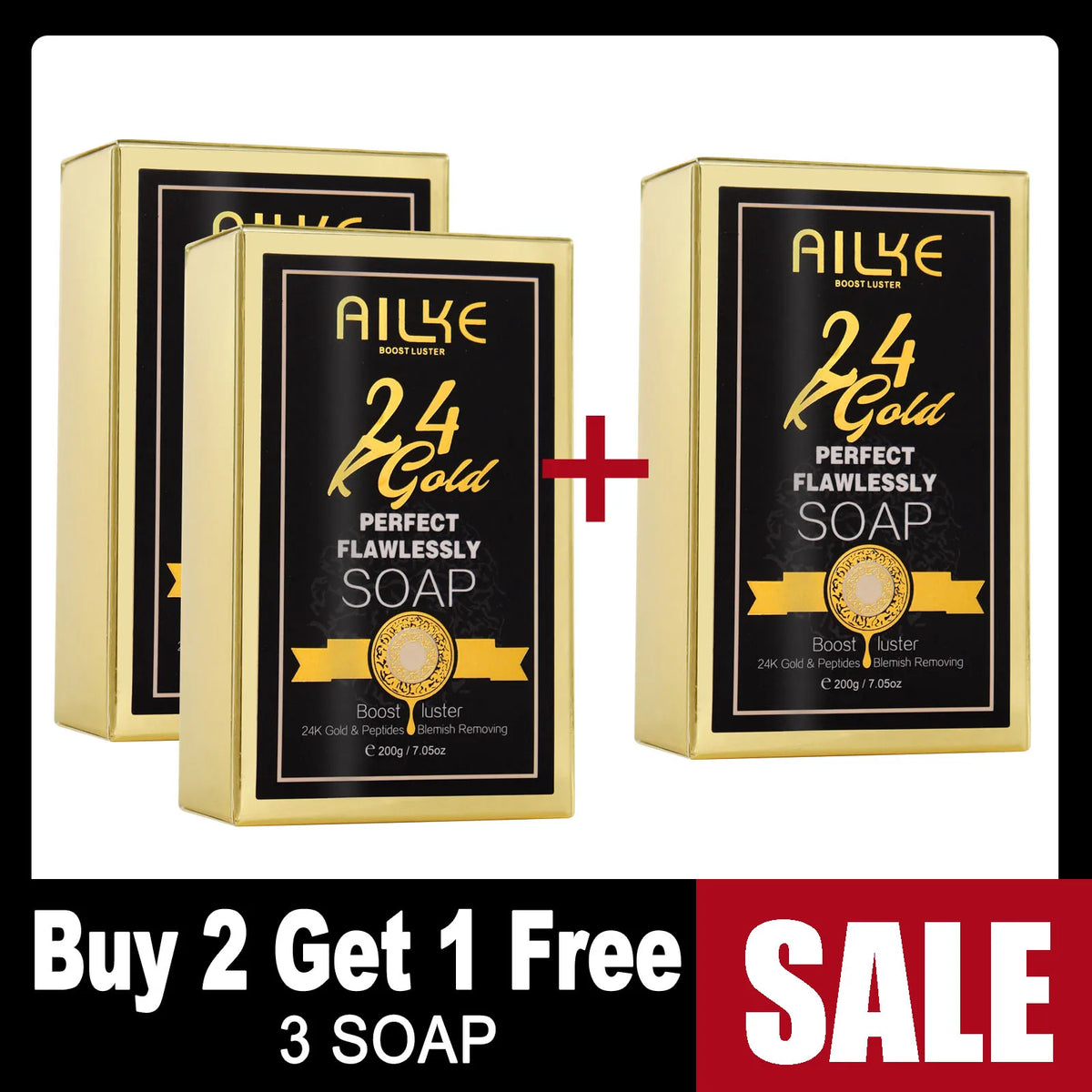AILKE 24K Gold Soap packaging with buy 2 get 1 free promotional offer on white background.