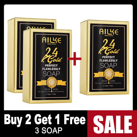 AILKE 24K Gold Soap packaging with buy 2 get 1 free promotional offer on white background.