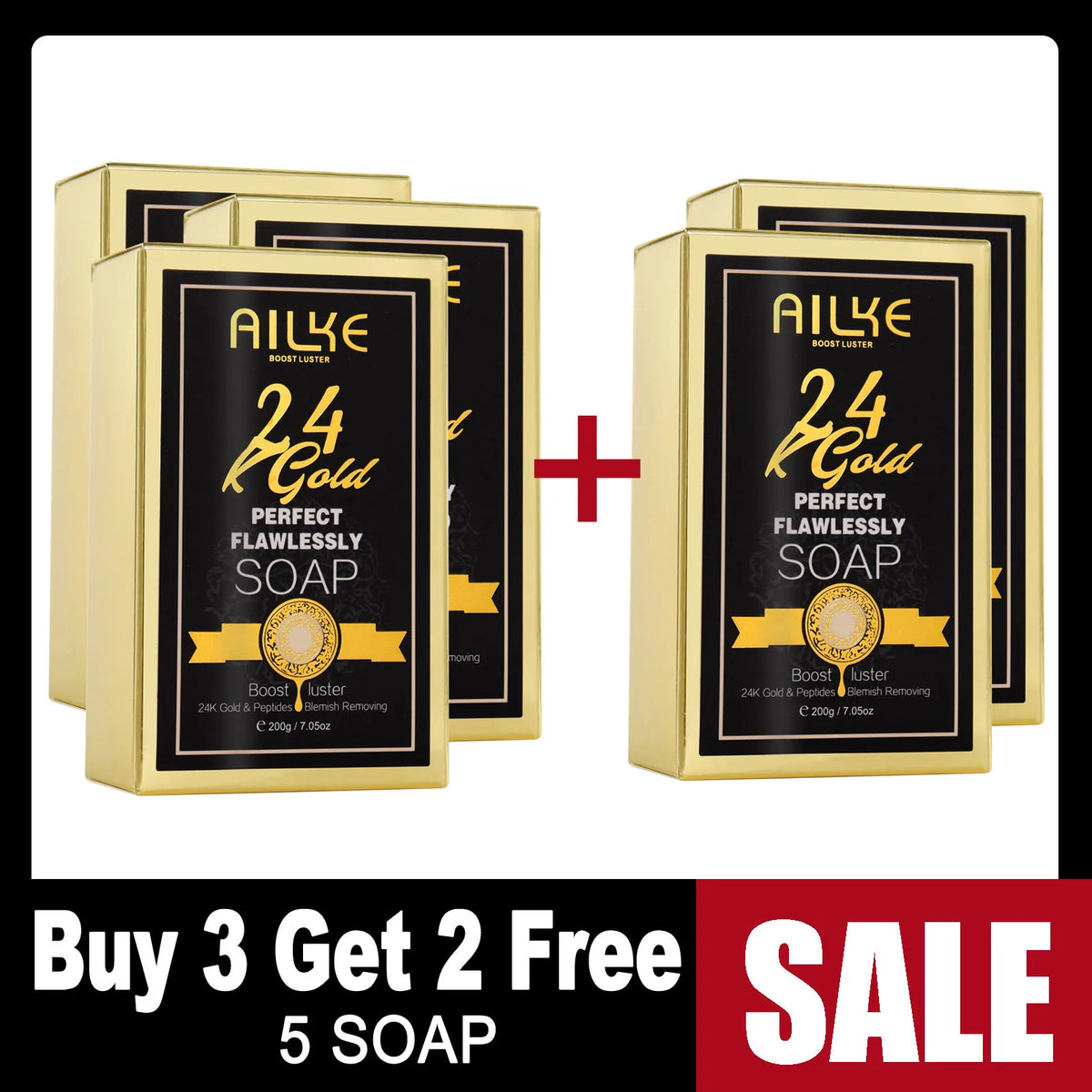 AILKE 24K Gold Perfect Flawlessly Soap packaging with buy 3 get 2 free promotional offer.
