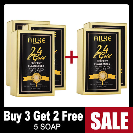 AILKE 24K Gold Perfect Flawlessly Soap packaging with buy 3 get 2 free promotional offer.