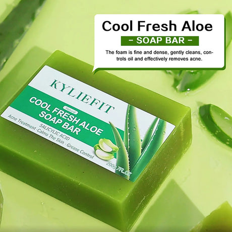 AILKE Aloe Vera Whitening Soap green bar on green background for daily skin brightening and acne care.