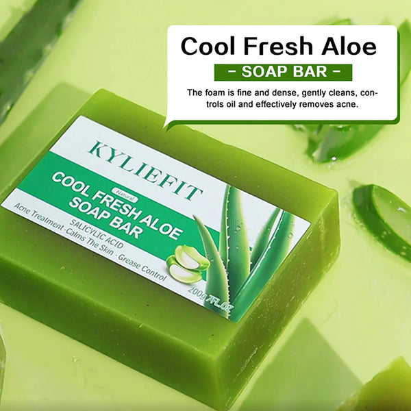 AILKE Aloe Vera Whitening Soap green bar on green background for daily skin brightening and acne care.