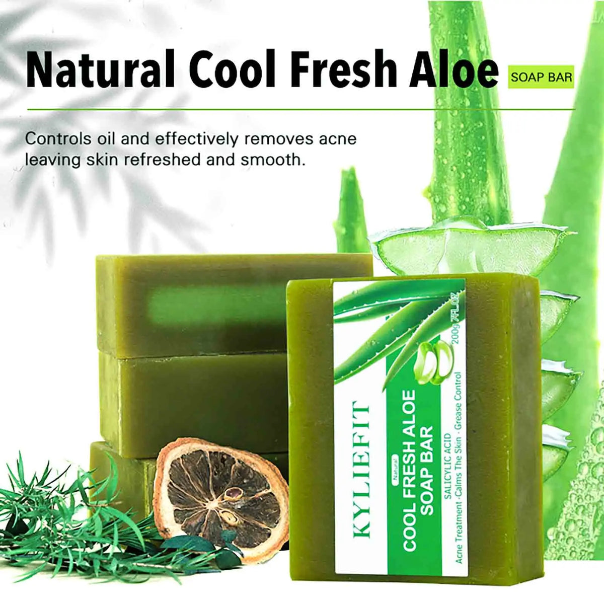 AILKE Aloe Vera Whitening Soap green bar on green background side view for daily face and body care.