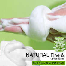 AILKE Aloe Vera Whitening Soap creating rich foam lather on green background.