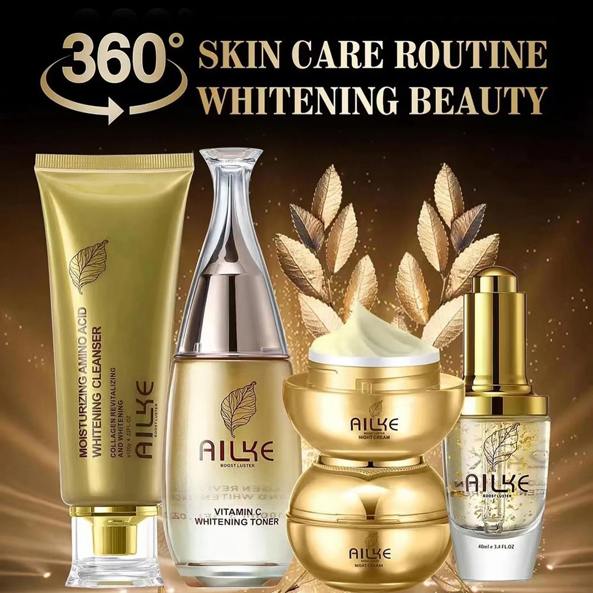 AILKE Collagen Whitening Face Cream Set products on dark background with decorative elements.