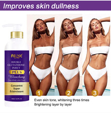AILKE Dark Spot Remover Whitening Serum product showing a woman with bright even glowing skin results.