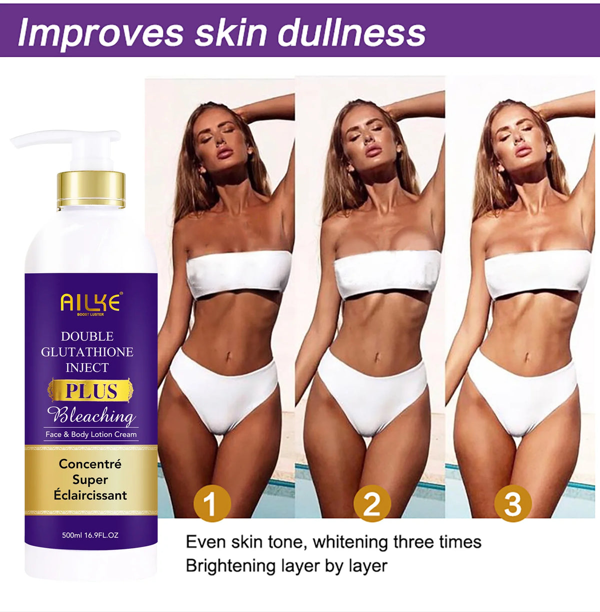AILKE Dark Spot Remover Whitening Serum advertisement showing woman with glowing bright skin results.