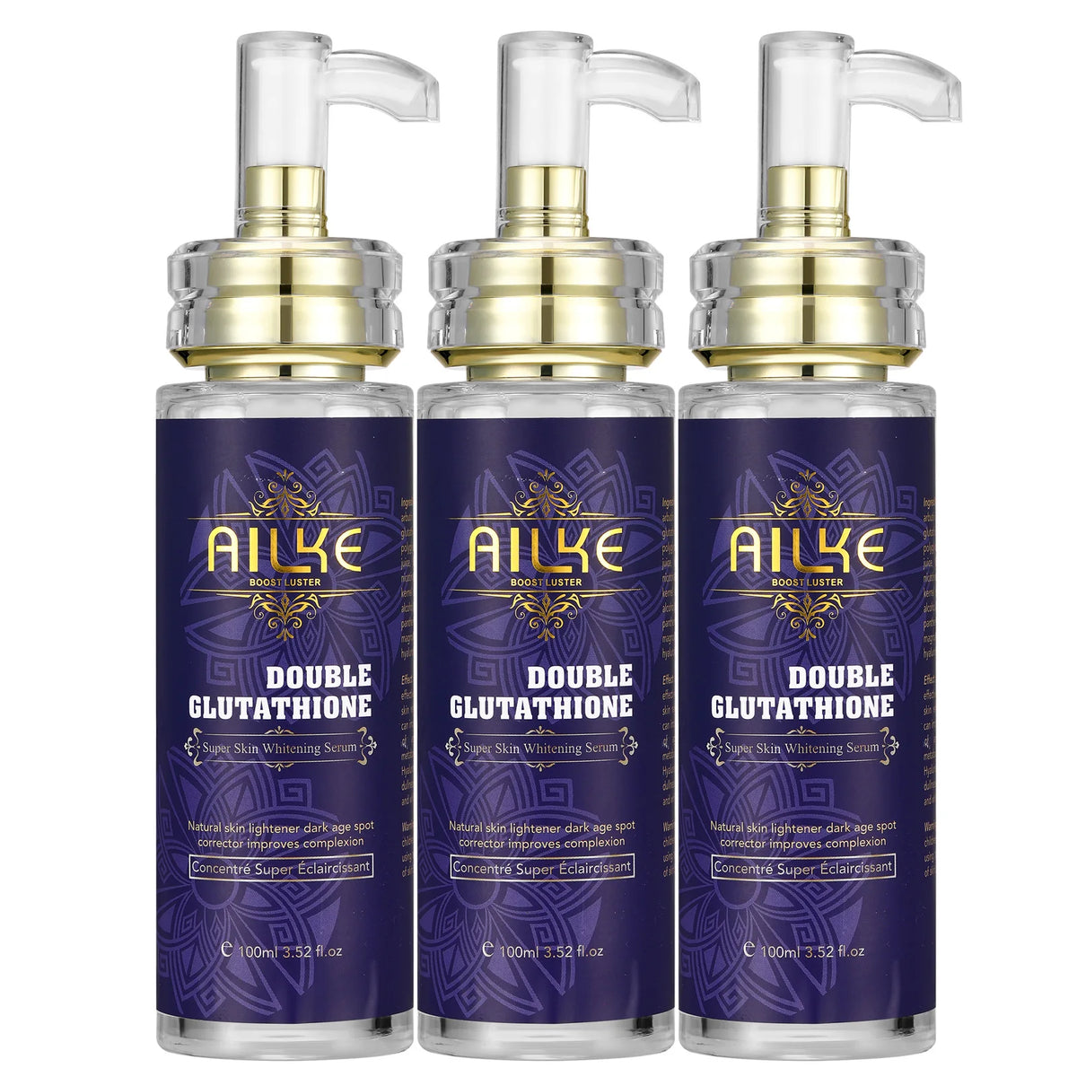 AILKE Double Glutathione Whitening Skin Care Kit three product bottles with purple labels on white background.