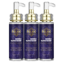 AILKE Double Glutathione Whitening Skin Care Kit three product bottles with purple labels on white background.
