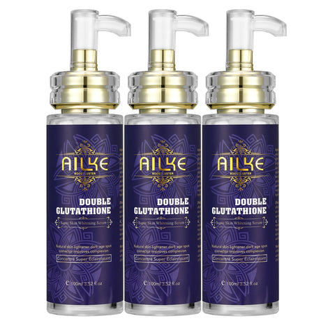 AILKE Double Glutathione Whitening Skin Care Kit three product bottles with purple labels on white background.