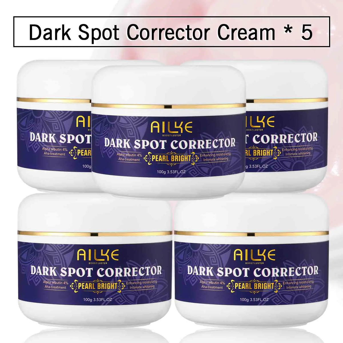 AILKE Double Glutathione Whitening Skin Care Kit five dark spot corrector cream jars on light pink background.