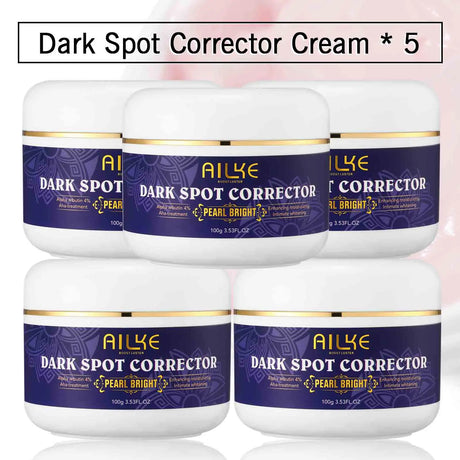 AILKE Double Glutathione Whitening Skin Care Kit five dark spot corrector cream jars on light pink background.