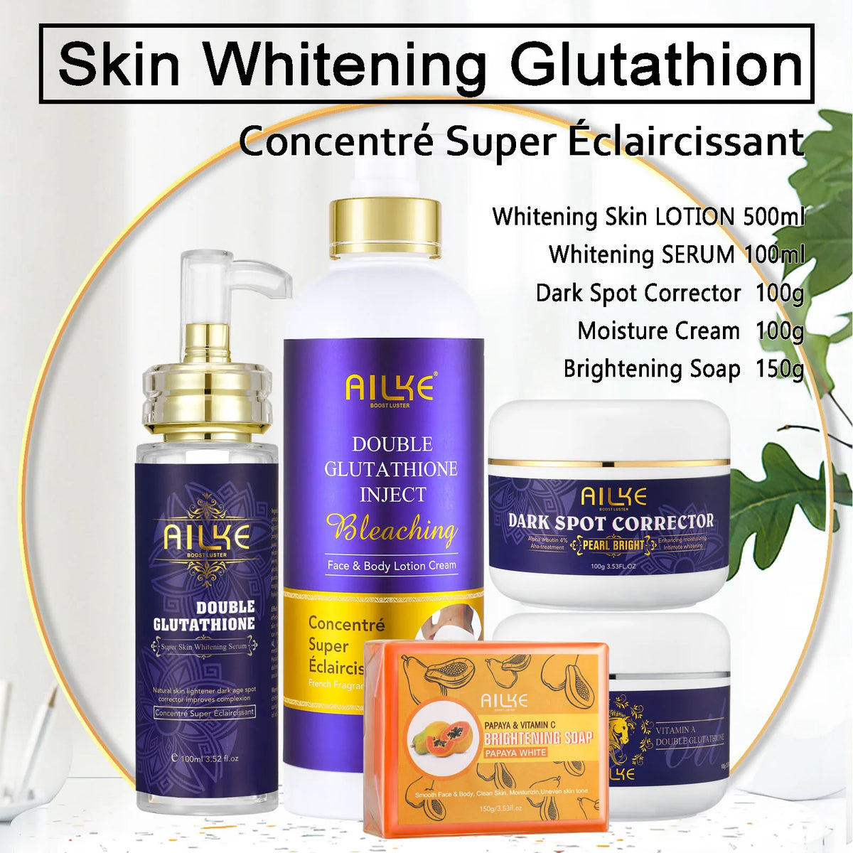 AILKE Double Glutathione Whitening Skin Care Kit full collection with lotion, serum, cream, and soap on white background.