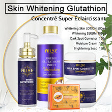 AILKE Double Glutathione Whitening Skin Care Kit full collection with lotion, serum, cream, and soap on white background.