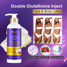AILKE Double Glutathione Whitening Skin Care Kit face and body lotion with before and after effects on purple background.