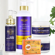 AILKE Double Glutathione Whitening Skin Care Kit with lotion, cream, and soap products on white background.