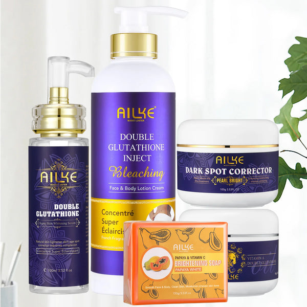 AILKE Double Glutathione Whitening Skin Care Kit with lotion, cream, and soap products on white background.