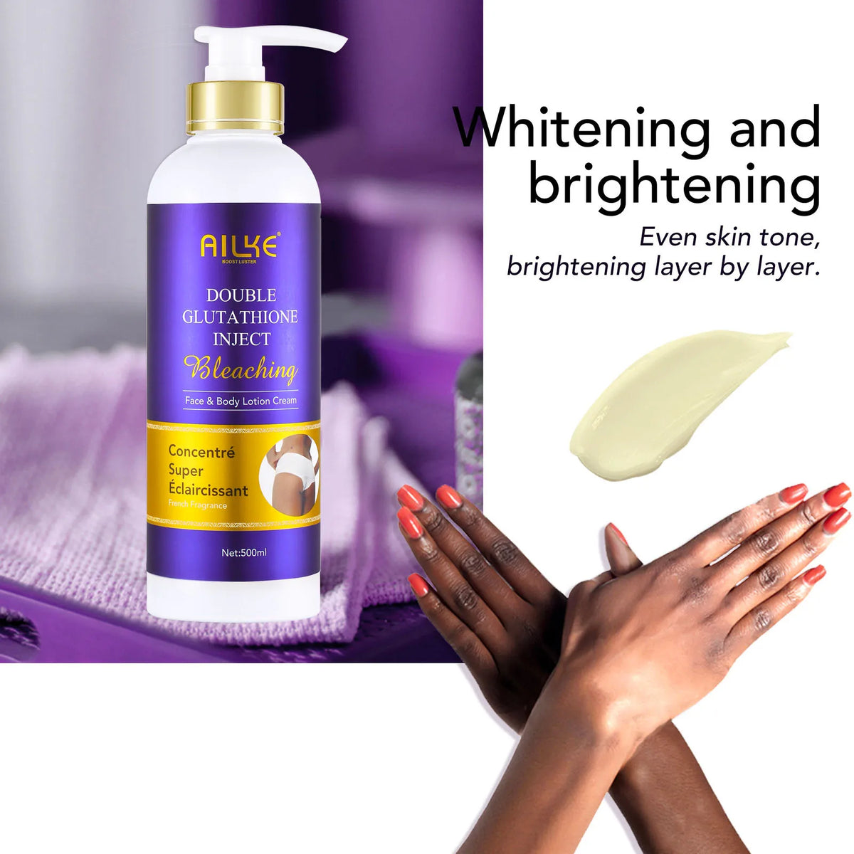 AILKE Double Glutathione Whitening Skin Care Kit lotion bottle with gold pump and purple label being applied.