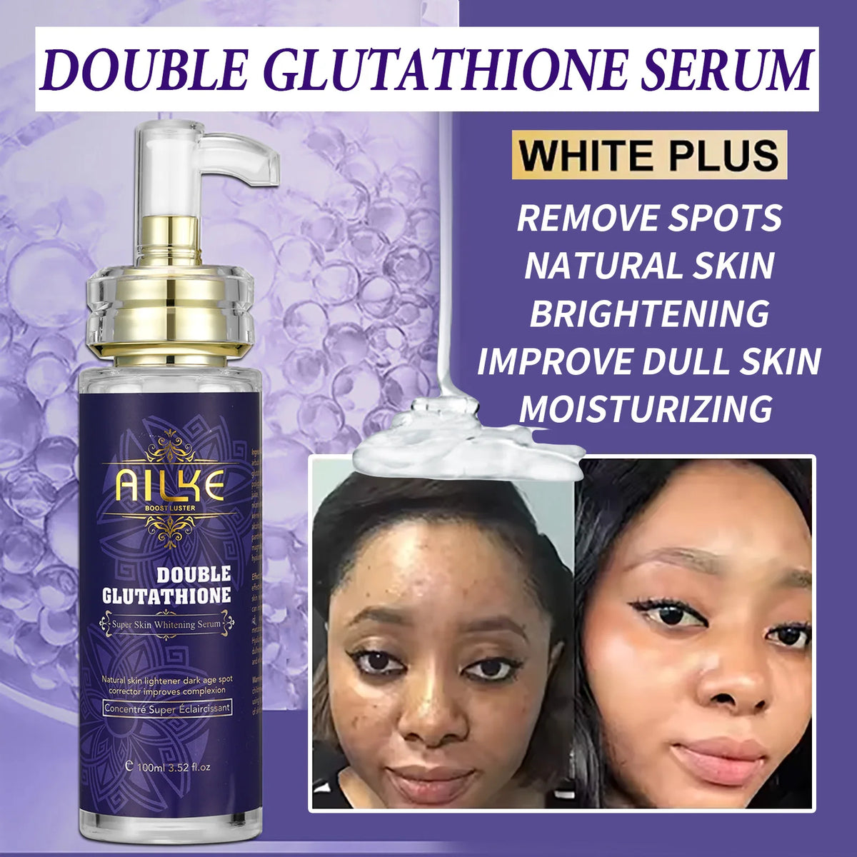 AILKE Double Glutathione Whitening Skin Care Kit serum bottle with before and after skin effects on purple background.