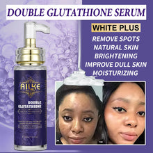 AILKE Double Glutathione Whitening Skin Care Kit serum bottle with before and after skin effects on purple background.
