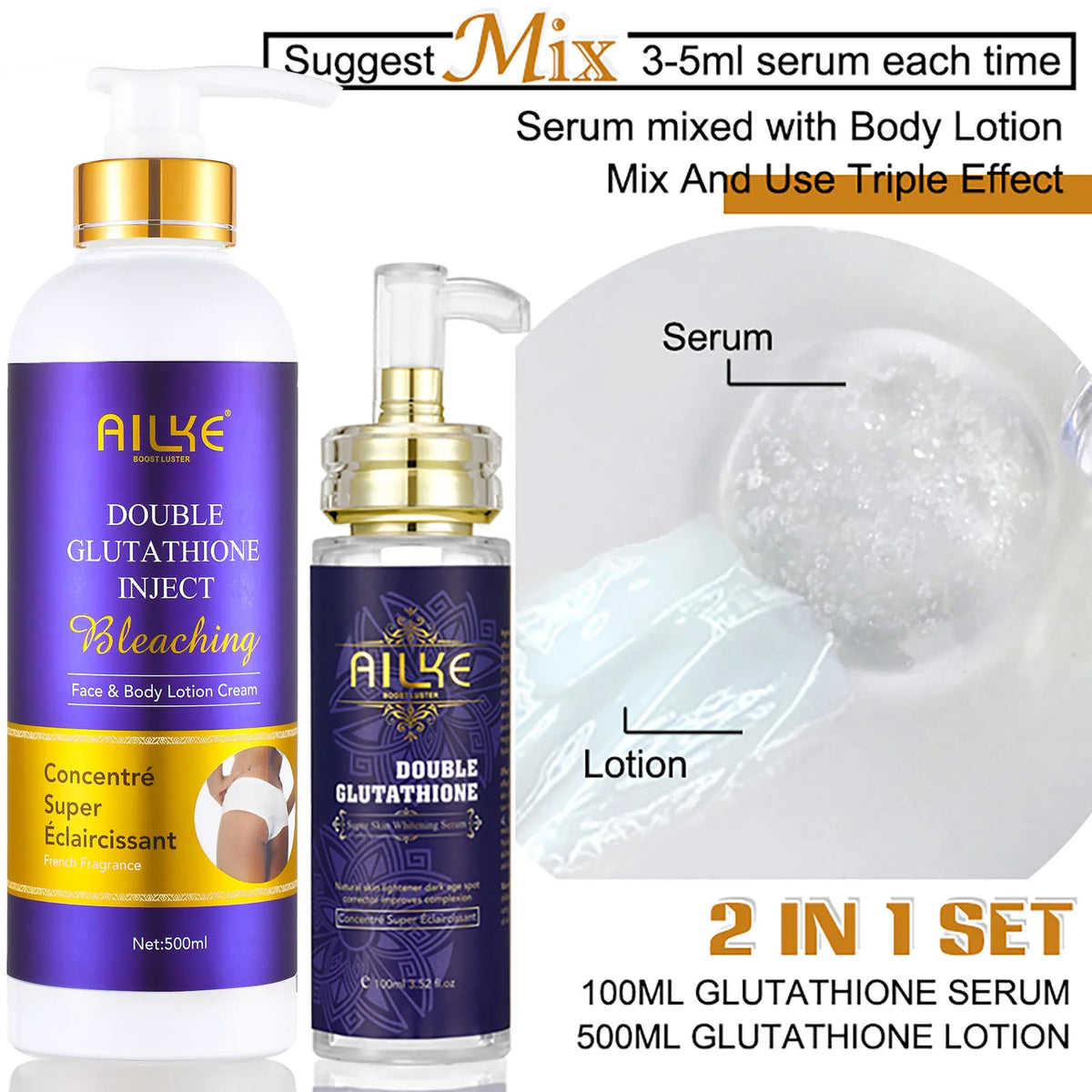 AILKE Double Glutathione Whitening Skin Care Kit serum and lotion 2 in 1 set product display.