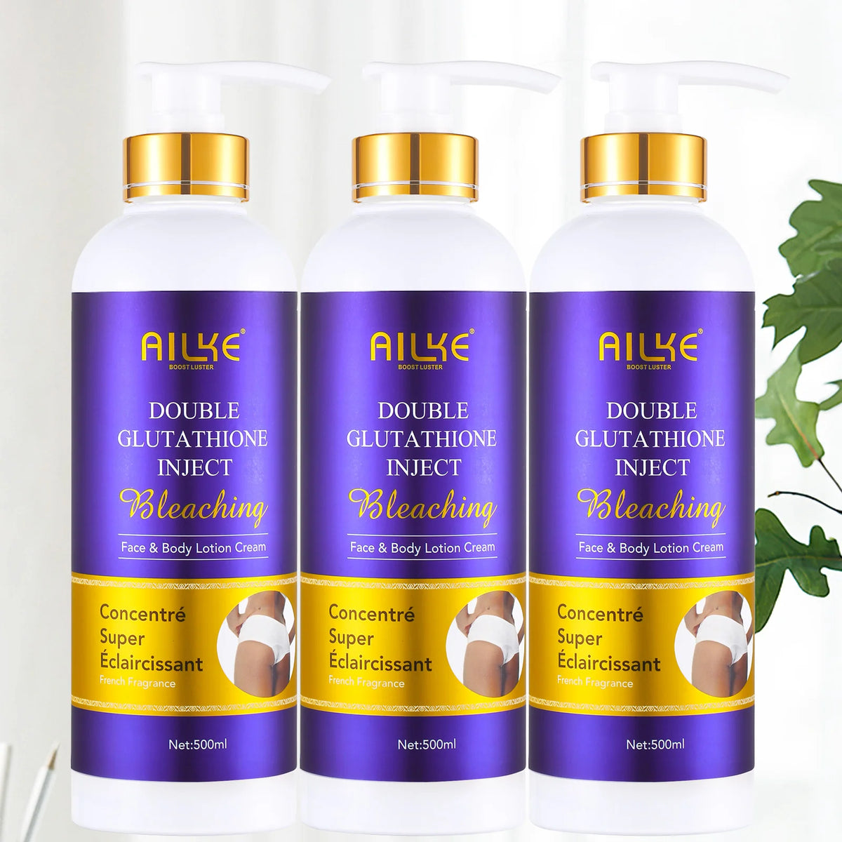 AILKE Double Glutathione Whitening Skin Care Kit three bleaching lotion cream bottles on white background.