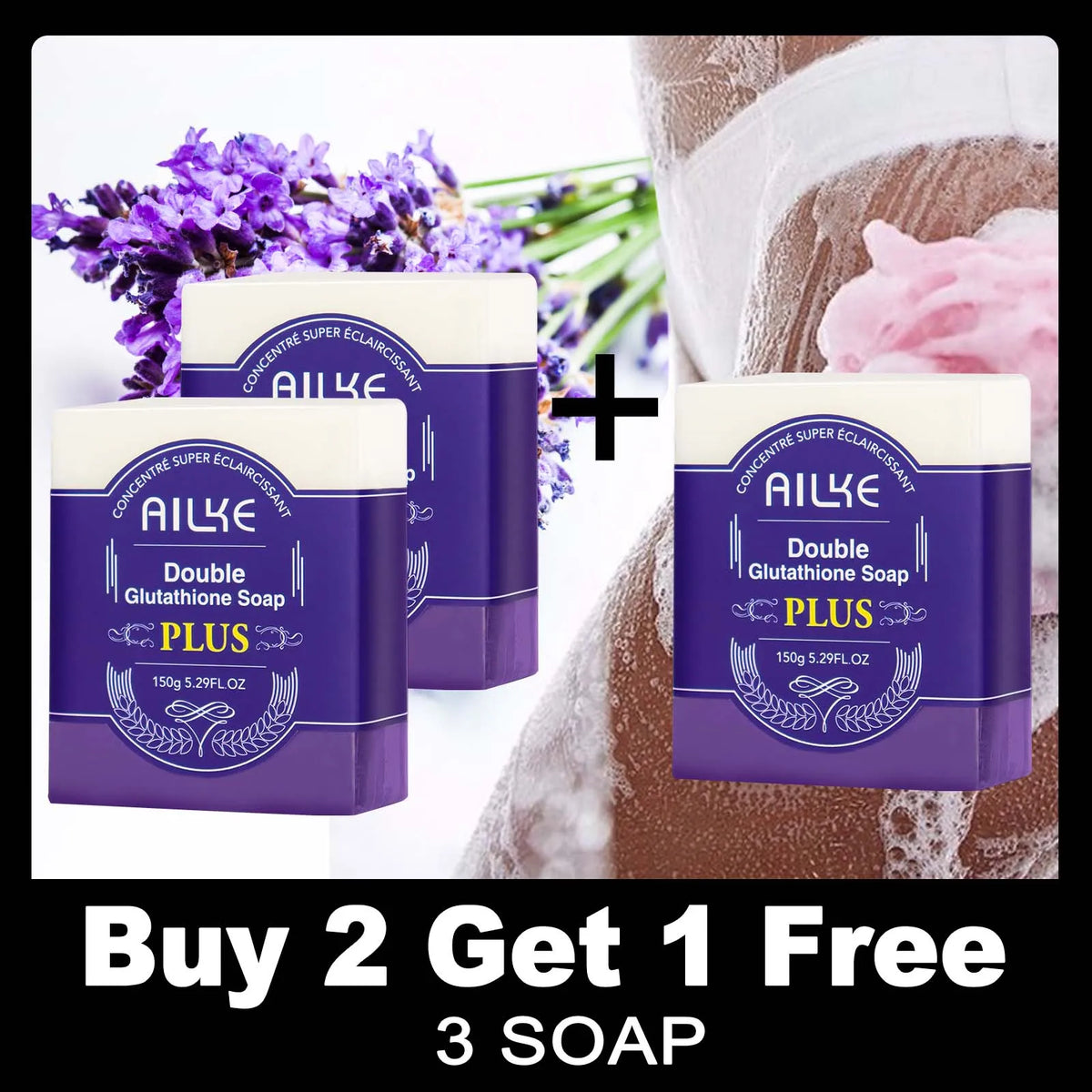 AILKE Double Glutathione PLUS Whitening Soap bars with promotional offer on a white background.
