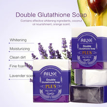 AILKE Double Glutathione PLUS Whitening Soap box display with lavender on a light purple background.