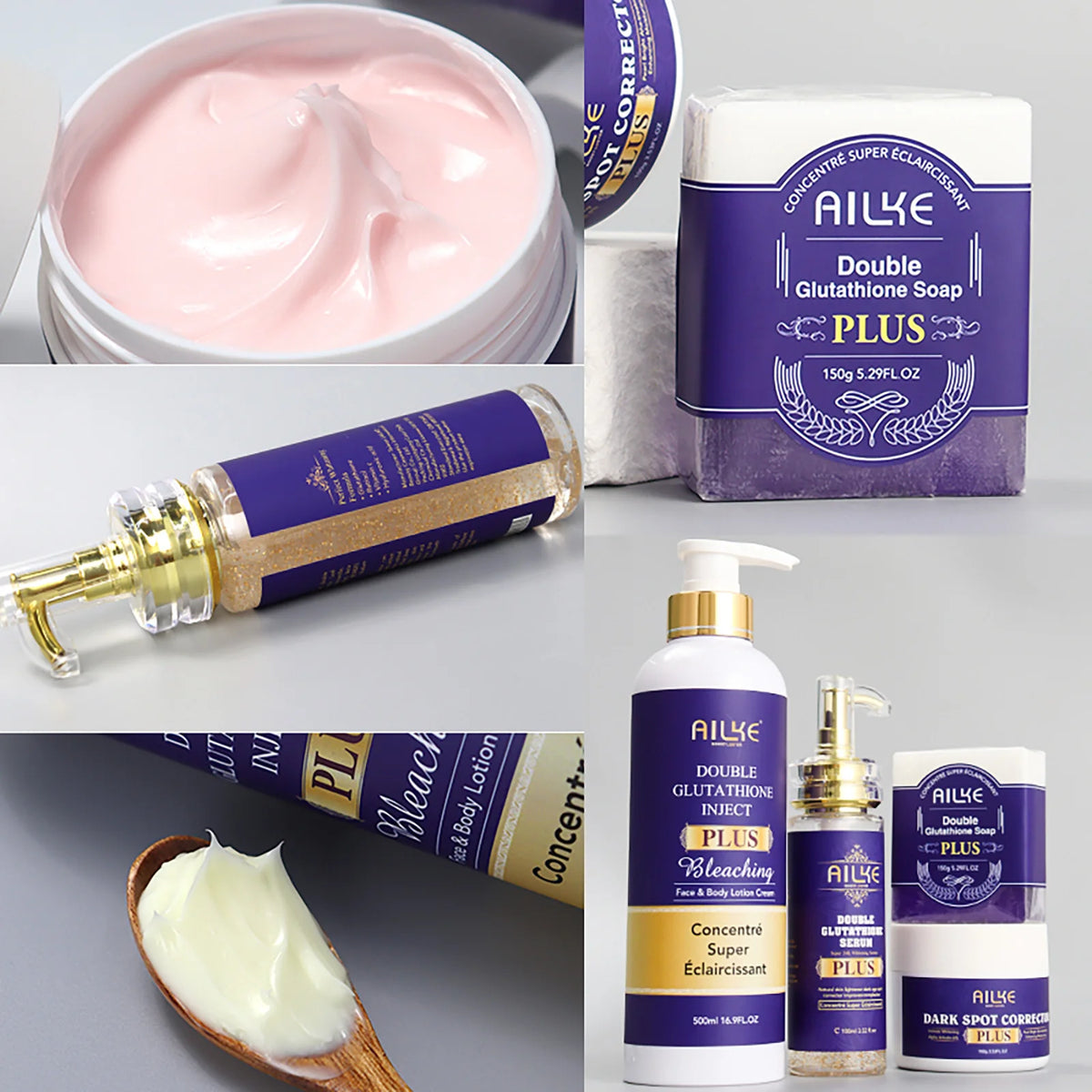 AILKE Glutathione Whitening Cream for Sensitive Areas product collage with cream, soap, and lotion.