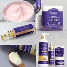 AILKE Glutathione Whitening Cream for Sensitive Areas product collage with cream, soap, and lotion.