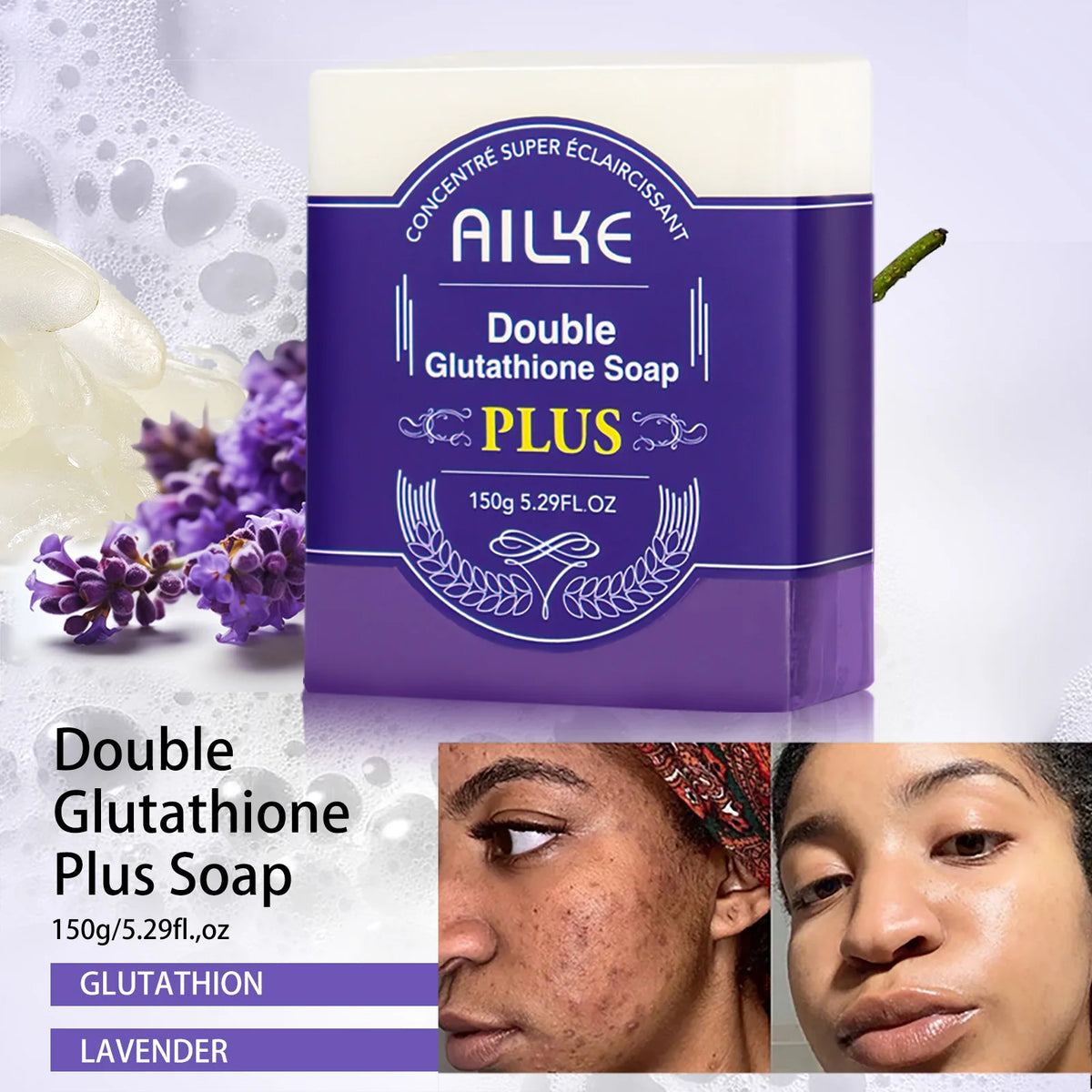 AILKE Glutathione Whitening Cream for Sensitive Areas brightening soap with before and after skin effects.